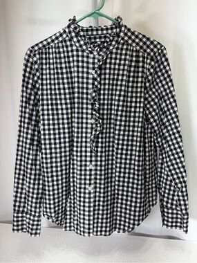 Ann Taylor Black and White Gingham Ruffle-Front Shirt 3827